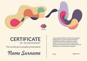 Horizontal bussiness certificate of appreciation achievement with colorful organic shapes composition