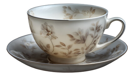 Elegant porcelain teacup and saucer set featuring delicate sepia floral engravings on black
