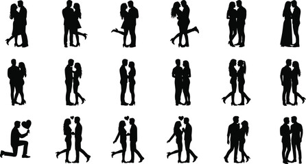 Collection of Romantic Couple Silhouette Vectors: Love, Dating, and Relationship Concepts for Valentine's Day, Wedding, or Anniversary Design Projects (24 words)