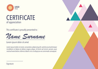 Horizontal bussiness certificate of appreciation achievement with colorful organic shapes composition