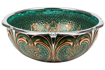Ornate hammered copper bowl with green patina and floral relief design isolated on transparent background
