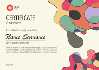 Horizontal bussiness certificate of appreciation achievement with colorful organic shapes composition