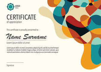 Horizontal bussiness certificate of appreciation achievement with colorful organic shapes composition
