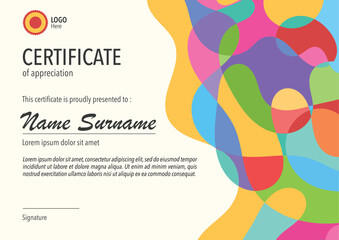 Horizontal bussiness certificate of appreciation achievement with colorful organic shapes composition