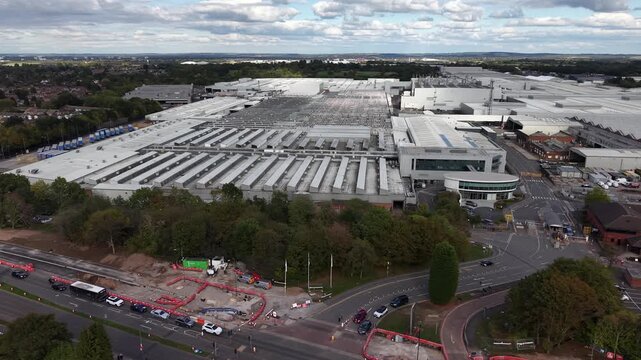 Drone shot of the Jaguar Landrover factory (JLR) in Solihull, Birmingham, England, UK