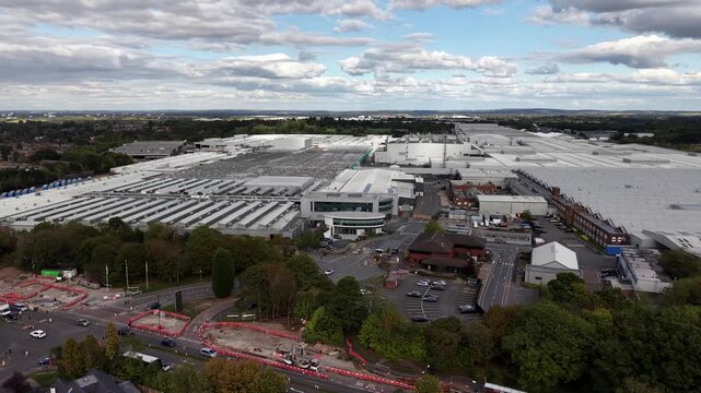 Drone shot of the Jaguar Landrover factory (JLR) in Solihull, Birmingham, England, UK