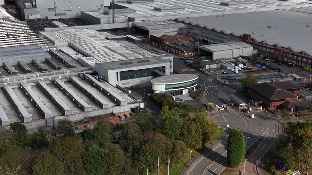 Drone shot of the Jaguar Landrover factory (JLR) in Solihull, Birmingham, England, UK