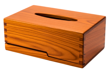 Rectangular wooden tissue box cover with visible corner joinery detail isolated on transparent background