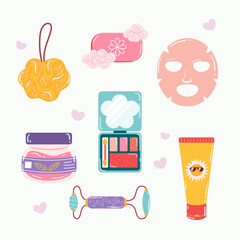 Flat skincare and cosmetic collection illustration