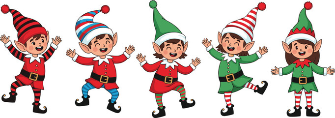 Cute Christmas Elf Set: Vector Illustration of Happy Smiling Children Dressed as Santa's Helpers with Striped Hats and Outfits for Festive Winter Holiday Design, Isolated on White Background.