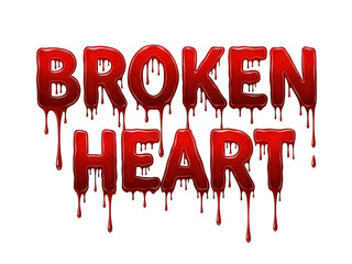 A dramatic depiction of a broken heart with dripping blood like red text