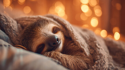 Obraz premium Sloth sleeping peacefully under cozy blanket at home