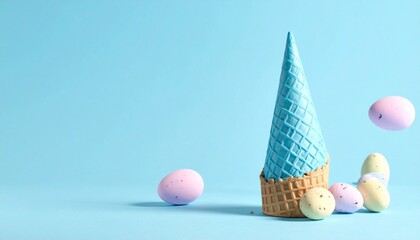"Blue waffle cone filled with pastel speckled eggs on light blue background with scattered decorations."