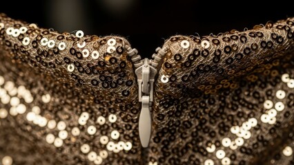 Close-up of a zipper on a shimmering gold sequin fabric, creating a luxurious and textured background.