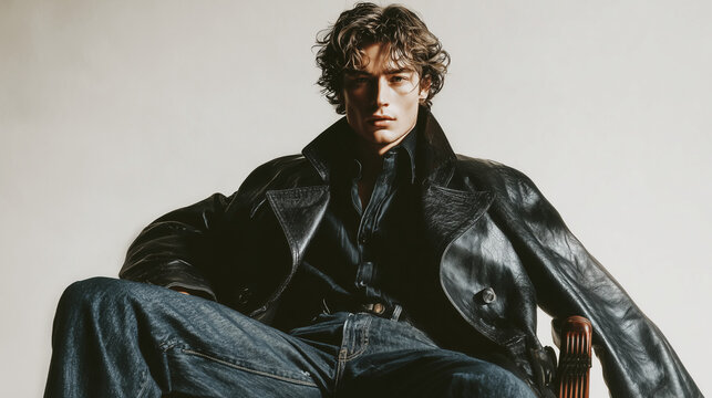 A man in a black jacket and jeans is sitting on a chair. Concept of confidence and style, as the man is dressed in a fashionable outfit and he is posing for the camera