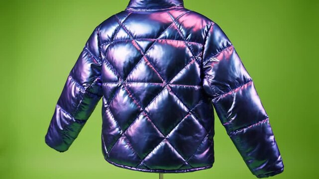 Iridescent, quilted jacket in vibrant colors against a green backdrop. Back view; studio shot