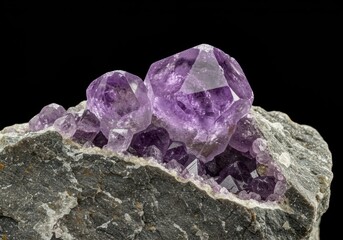 Fototapeta premium Macro shot of brilliant purple gemstone crystals emerging from the rough gray matrix rock, highlighting natural mineral formation and earth structure ,excavation ,mining ,crystallography