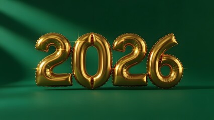 Gold balloons displaying the year 2026 on a green background