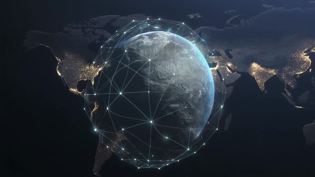 Global Network Interconnection with Glowing Data Points Orbiting Earth