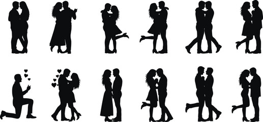 Romantic Couple Silhouettes Set: Loving Man Woman in Tender Embrace, Proposing, Dancing, and Sweet Moments, Perfect for Valentine's Day or Relationship Graphics.