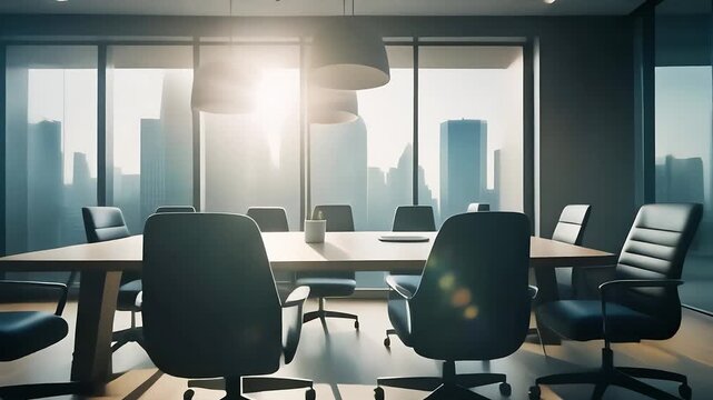 Modern conference room with city skyline view