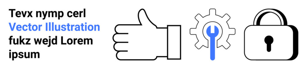 Obraz premium Security, maintenance tools, user settings, approval processes, functionality, privacy. A thumbs-up icon, gear with wrench and padlock symbols. Security and maintenance tools concept
