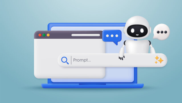 3D robot with a message bubble and a laptop. Talking bot with human. Generative bar and AI assistant. Artificial Intelligence. Chatbot technology and support assistance. Vector illustration.