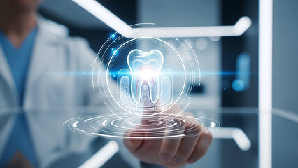 Dentist touching holographic tooth diagram with glowing roots and nerve dental hologram