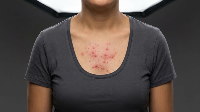 Close-up of a persons chest with acne and blemishes.