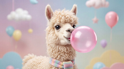 Obraz premium Fluffy Adorable Llama Blowing Bubblegum