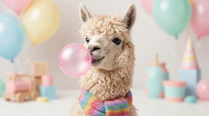 Obraz premium Fluffy Adorable Llama Blowing Bubblegum
