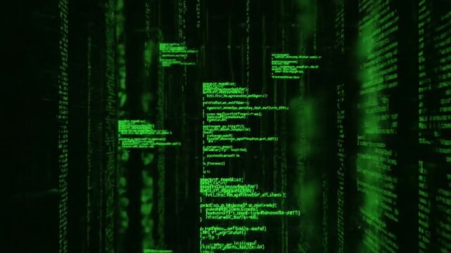 Futuristic green binary code on a dark background illustrating digital data and information technology
