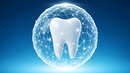 White tooth protected by glowing digital network sphere on blue background dental health