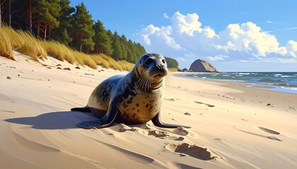 Seal enjoying sunshine on a pristine sandy beach with blue skies and ocean view