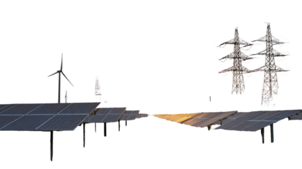 Solar panels with wind turbines and power lines at sunset isolated on white background
