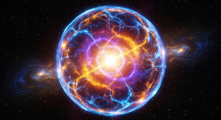 Obraz premium Vibrant cosmic energy sphere radiating light and colors in a starry background, representing power