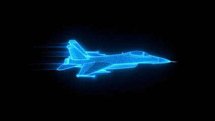High-Detail Holographic Blueprint Fighter Jet – 3D Wireframe Visualization