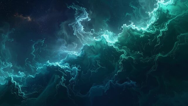Indigo and jade fog ribbons drifting across cosmic void in luminous atmospheric motion