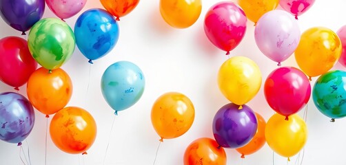 Watercolor painting of colorful balloons floating against a white background,  float,   floating balloons