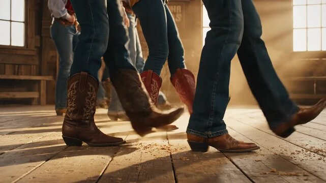 Line of Cowboy Boots Dancing On Wooden Floor.
