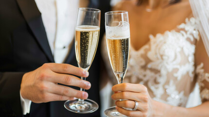 Bride and Groom Toasting with Champagne Glasses During Wedding Celebration