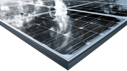 Close-up view of solar panel with sleek reflective surface isolated on white background
