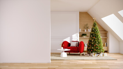 Obraz premium Empty Blank white wall mockup in modern minimal living room with red armchair and Christmas tree. with natural right 3drender