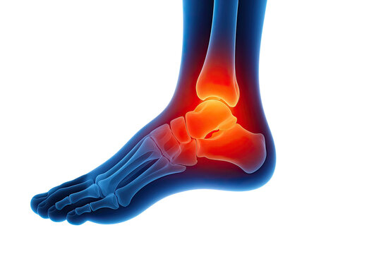 Human ankle joint inflammation medical illustration showing pain area anatomy concept isolated on the white background