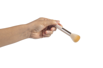 Pink cosmetic blush in hand on transparent background