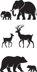 Minimalist Animal Family Silhouette Set with Adult and Baby Wildlife
