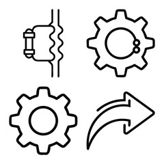 Mechanical Gear and Cogwheel, Industrial Clamp Connector, and Curved Navigation Arrow Outline Icons