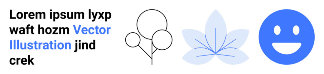 Fototapeta premium Celebration, design elements, emotions, placeholders, abstract, vector art. Outline of balloons, a blue flower a smiling face and placeholder text. Celebration and design elements concept