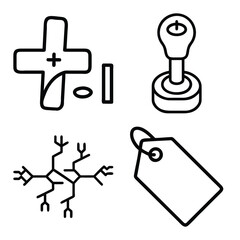 Gamepad Directional Cross, Manual Gear Shift Lever, Abstract Cracked Network, and Blank Hanging Price Tag Outline Icons