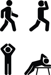 A set of four simple pictograms illustrating human activities and states like exercise and rest
